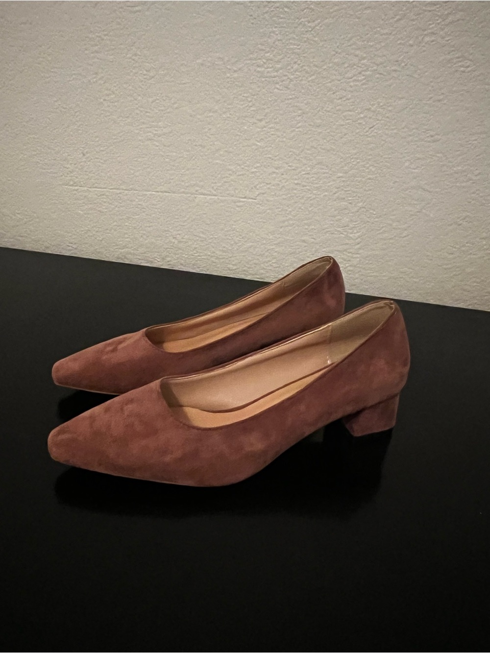 Pointed Low Block Heel Suede Pumps in Mauve
